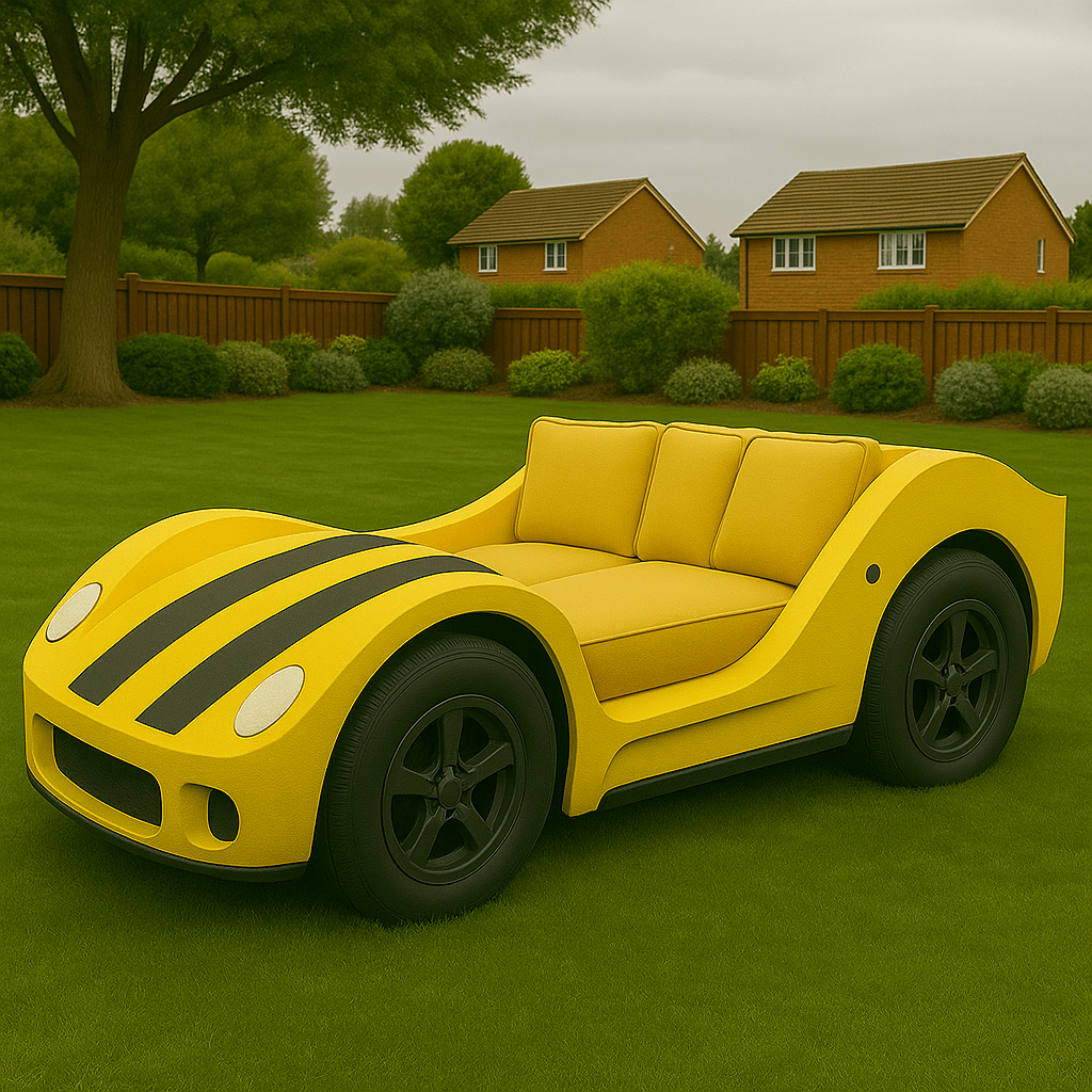 Bright yellow car-shaped outdoor sofa with racing stripes and neutral cushions on a neatly trimmed lawn