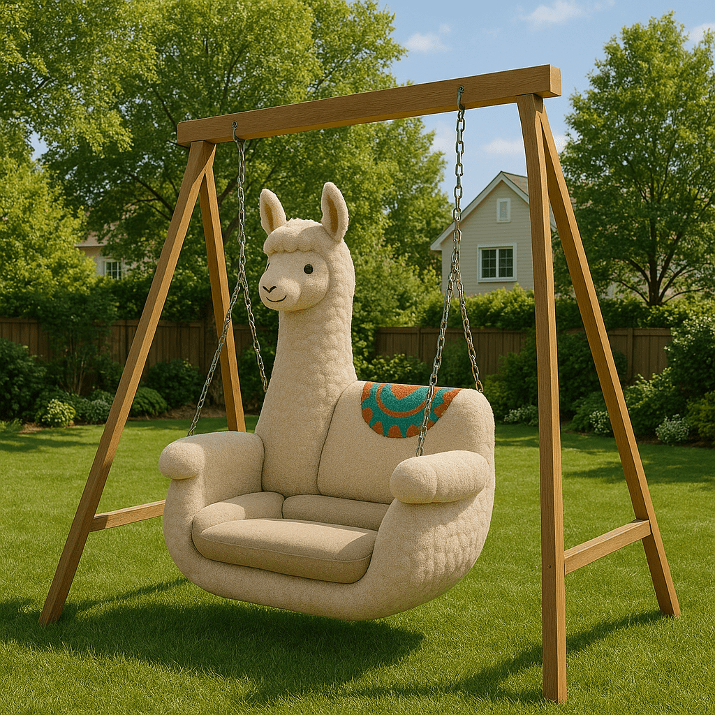 Cream-coloured llama-shaped swing chair with wooden support in a green garden