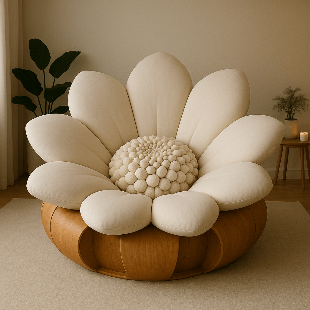 Elegant cream oversized flower-shaped armchair with natural wooden base in a minimalist home setting.