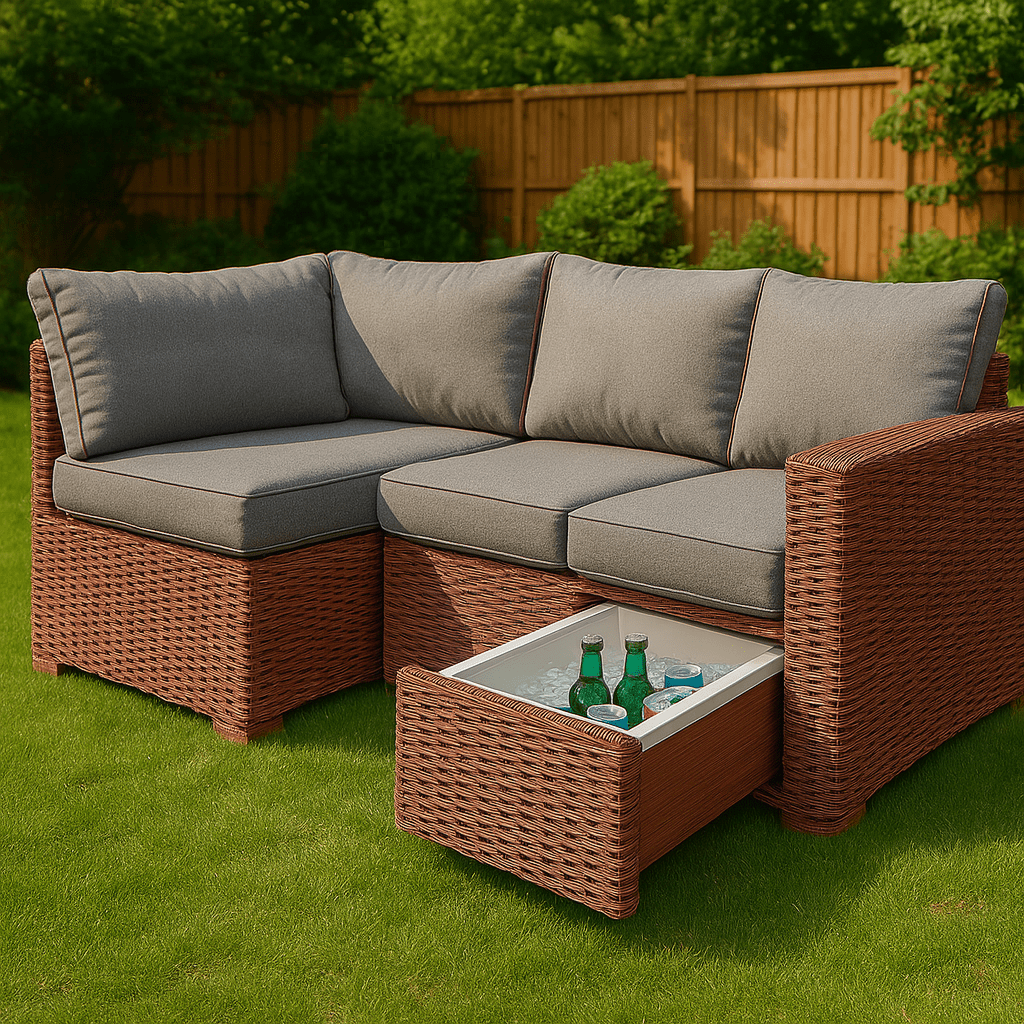 Outdoor red rattan sofa with grey cushions and integrated cooler drawer filled with cold drinks.