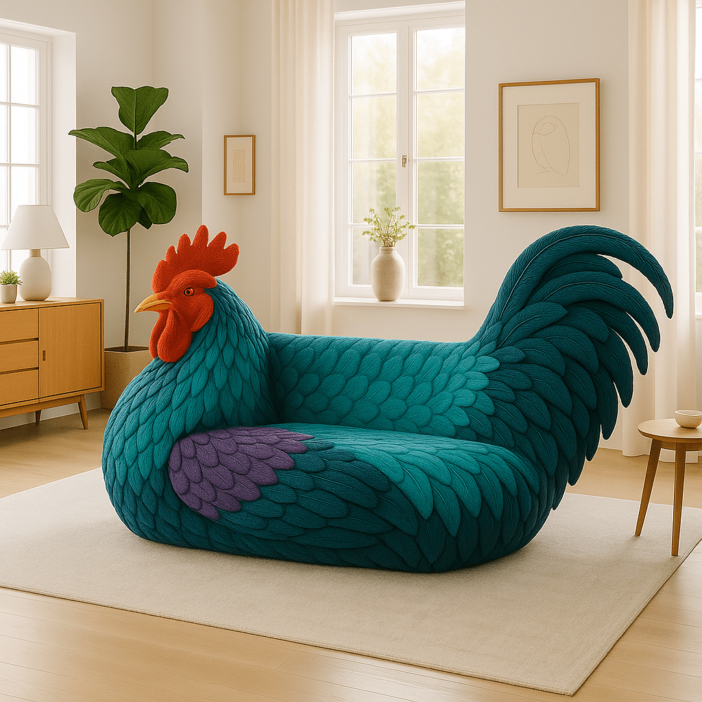 Blue and purple chicken-shaped sofa with bold red comb in a modern living room