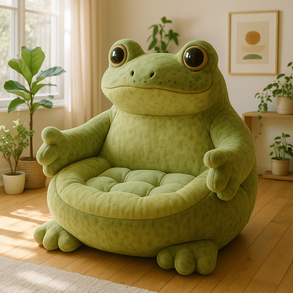 Oversized green frog-shaped novelty armchair in a room decorated with potted plants.
