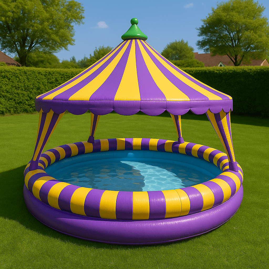 Vibrant inflatable paddling pool featuring purple and yellow circus-style dome