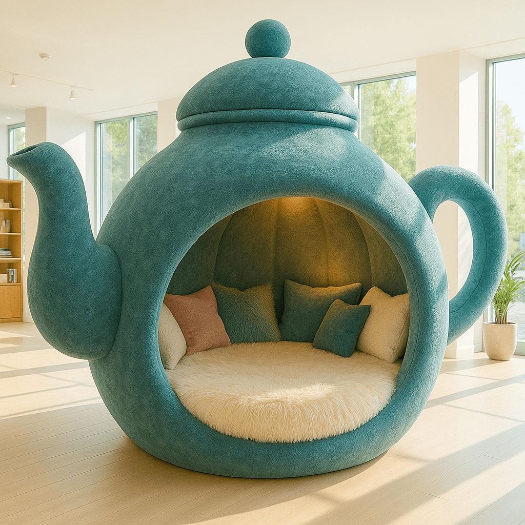 Teal coloured teapot bed with cosy fluffy seating and a mix of soft pillows