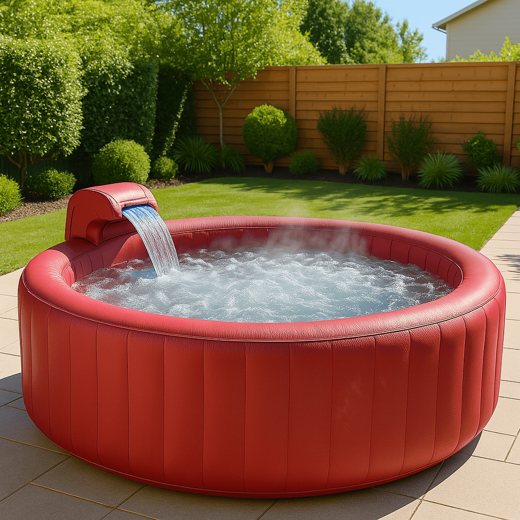 Bold red inflatable hot tub with a built-in waterfall set in a sunny British garden
