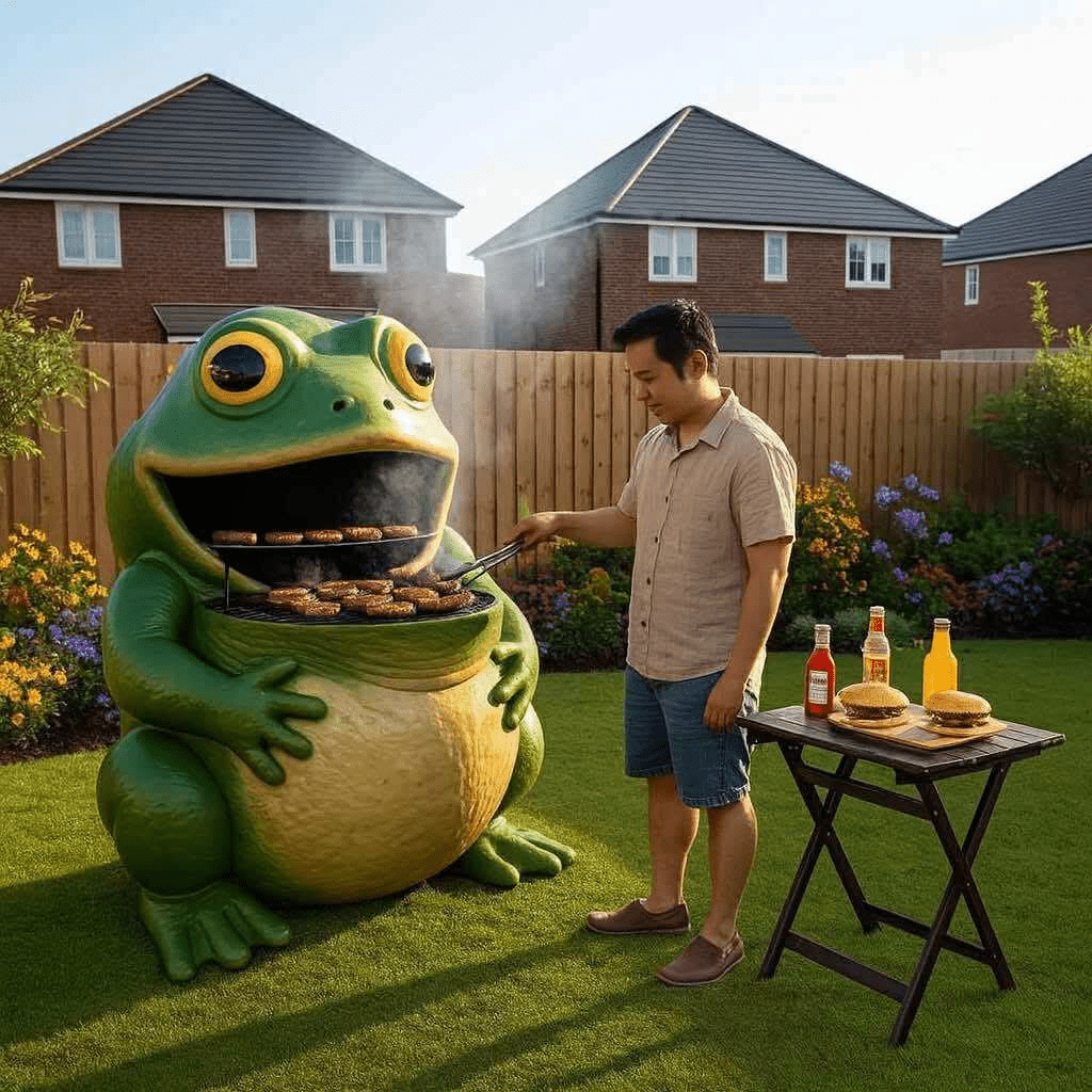  Frog-shaped barbecue with burgers grilling, next to a man in a beige shirt