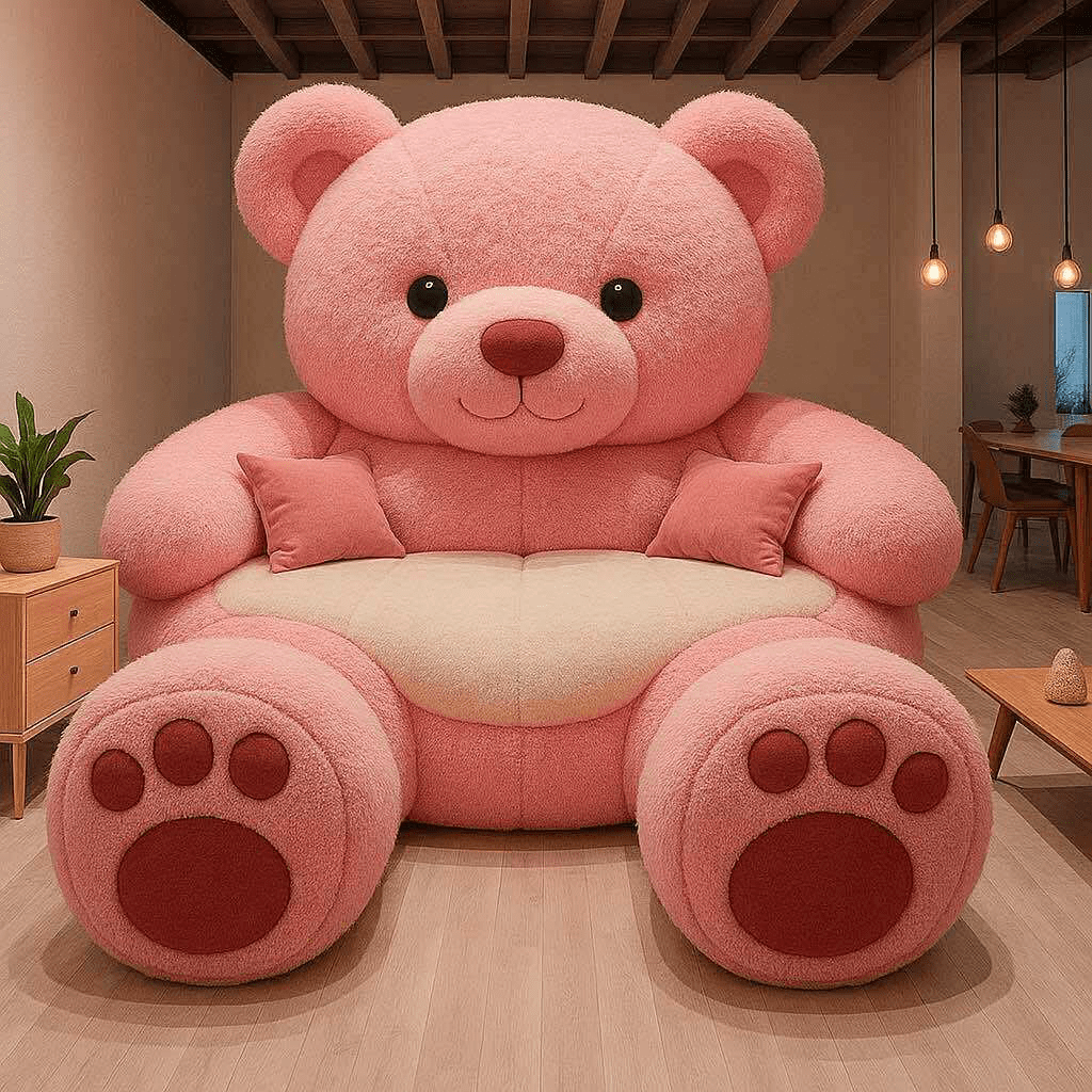 Oversized pink teddy bear sofa with matching pillows in a pastel-toned living space.
