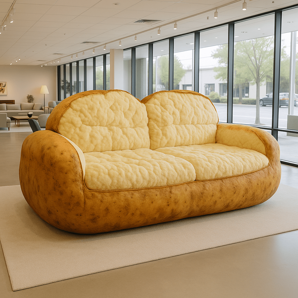 A novelty sofa designed to resemble a baked jacket potato with plush mashed potato-style cushions, displayed on a beige rug