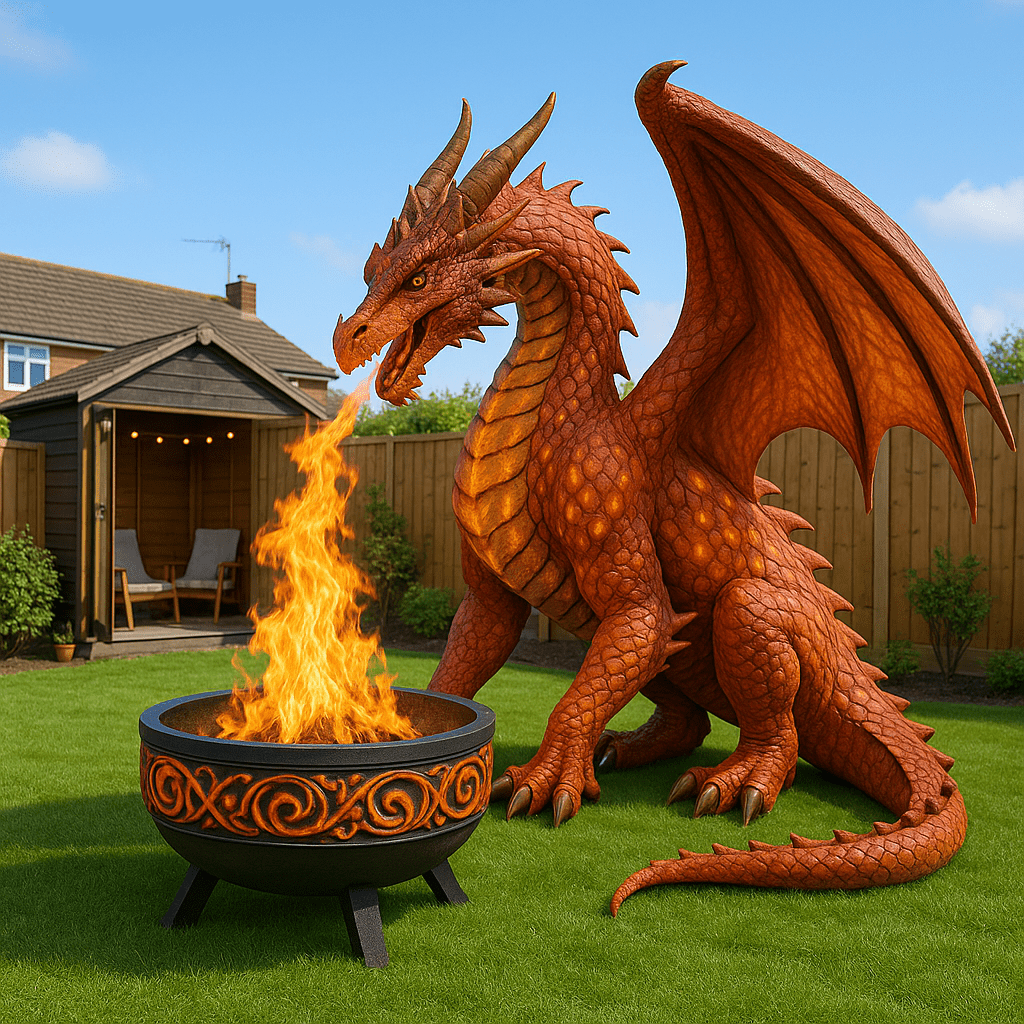 Bold red dragon statue beside matching red firepit, creating a fiery fantasy garden scene.