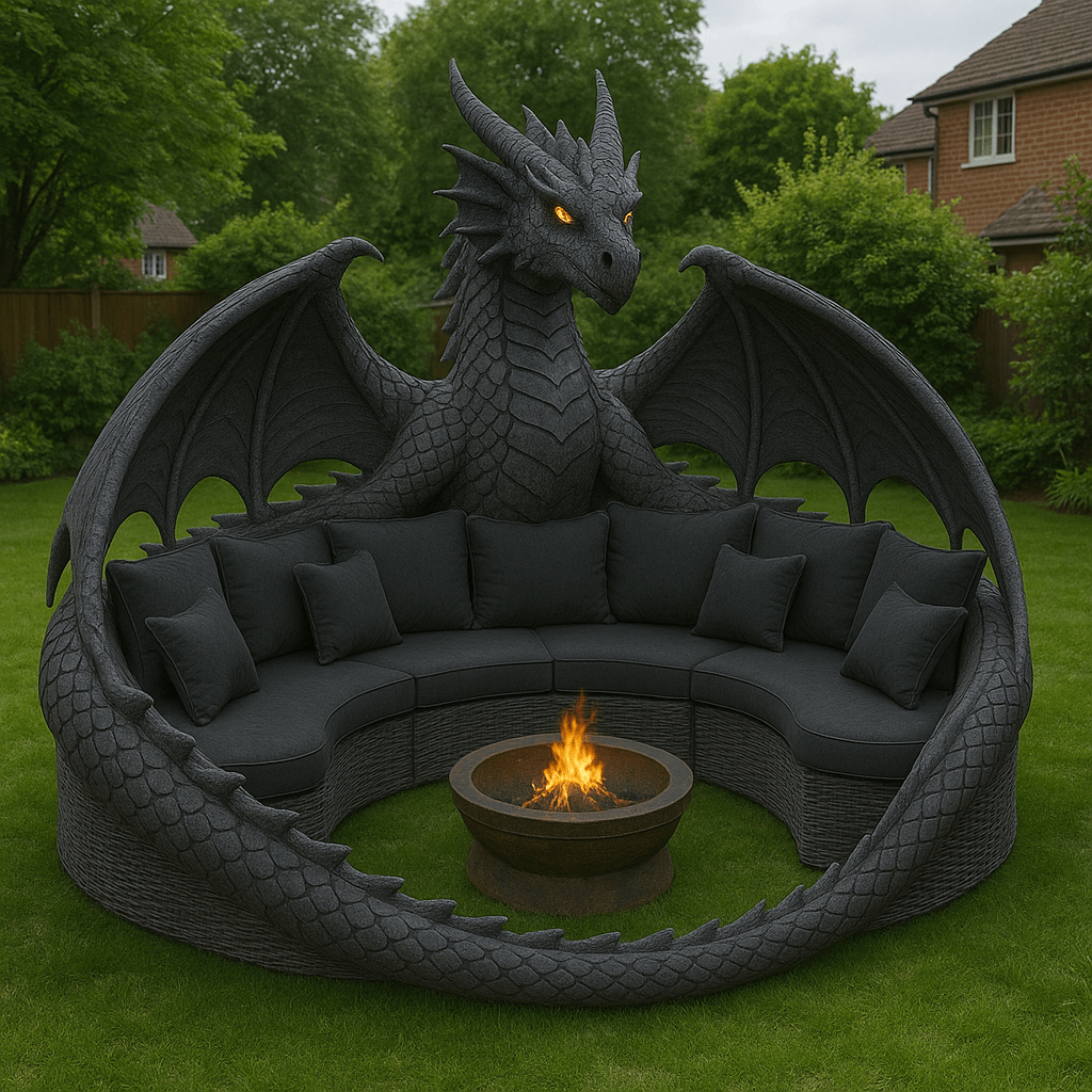 Dark dragon-shaped garden sofa with black cushions and a fire pit, set in a garden with brick houses.