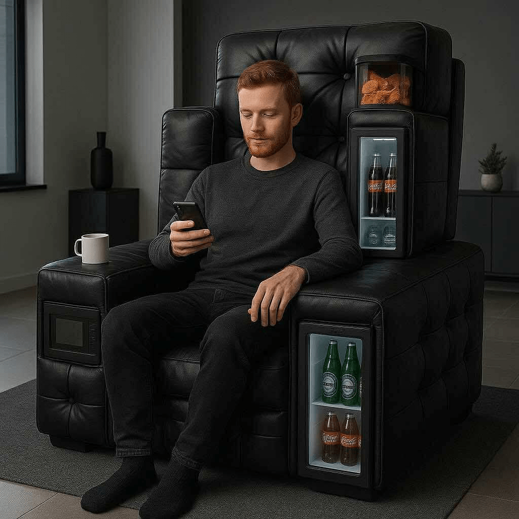 Man using a smartphone while sitting on a black leather luxury sofa chair with built-in coolers and snack compartments