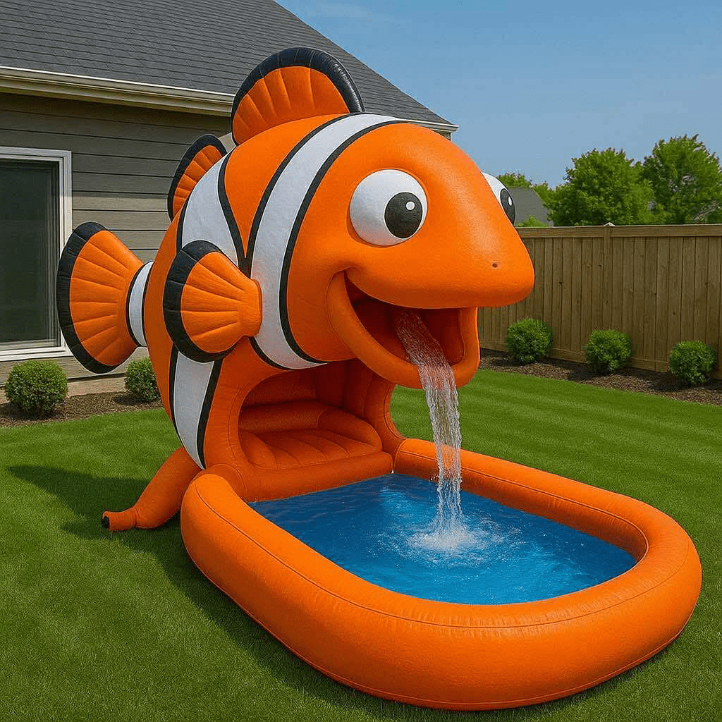 Orange inflatable clownfish-shaped paddling pool with water pouring from the fish’s mouth.