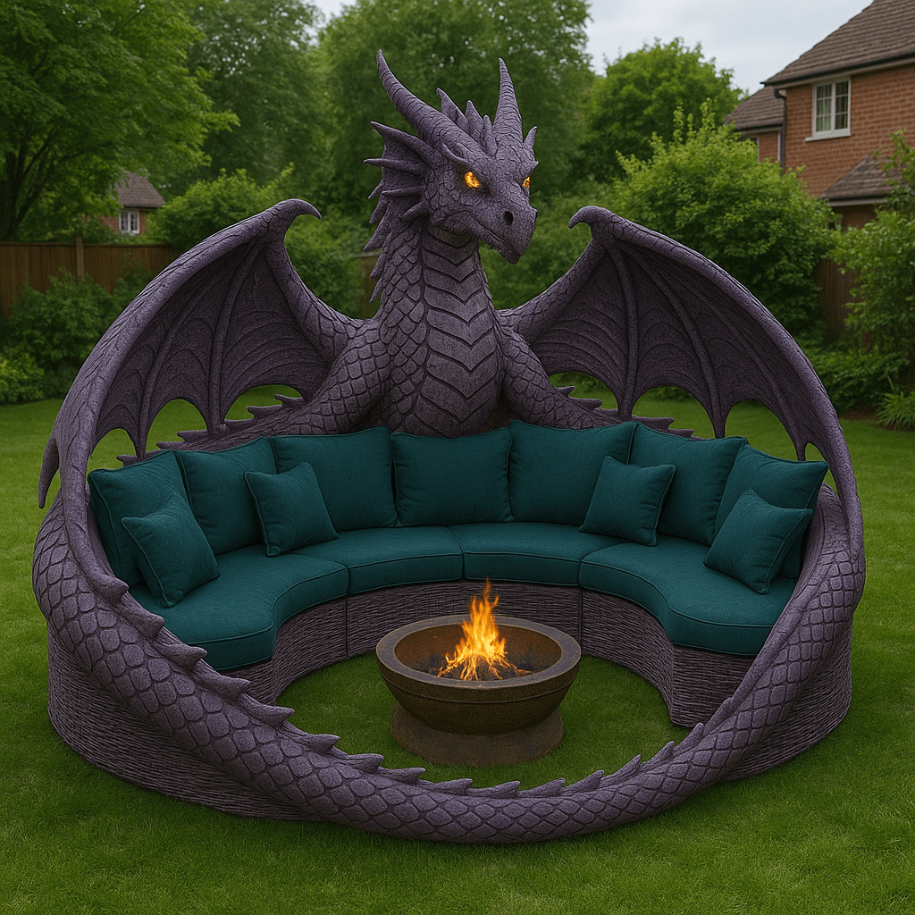 Fantasy outdoor furniture featuring a purple dragon sculpture sofa with teal cushions around a fire pit.