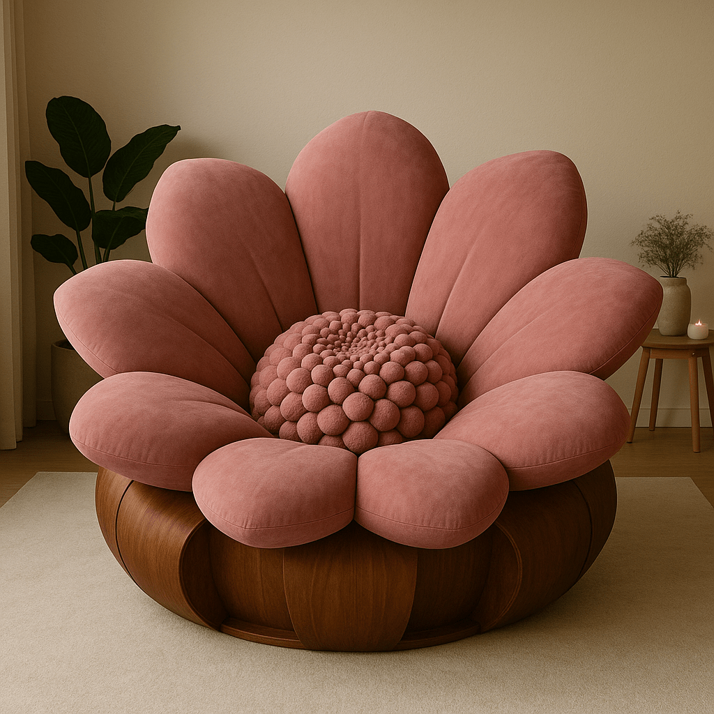 Soft dusty pink oversized flower-shaped armchair with round petal design and wooden base in a bright room.