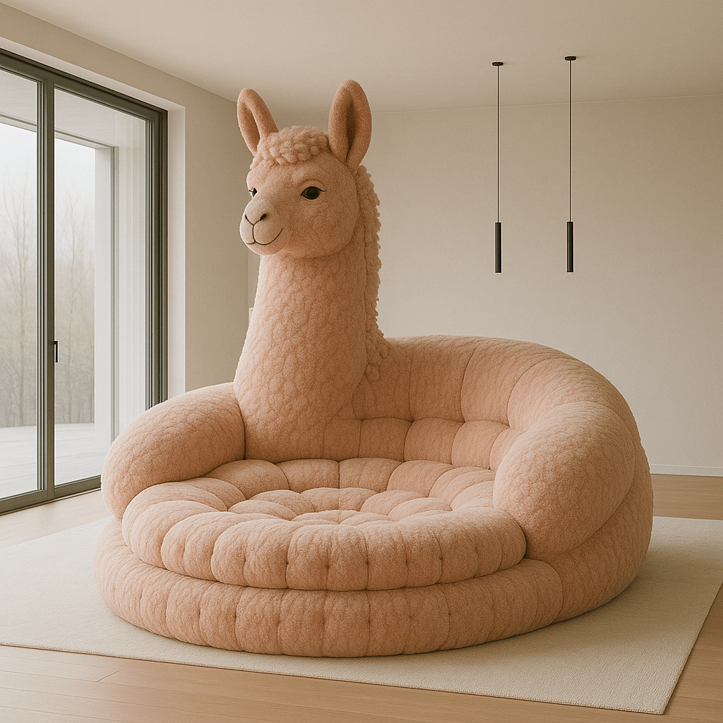 Cute pink llama-shaped armchair with a fluffy texture in a softly lit room, ideal for kids or creative spaces.