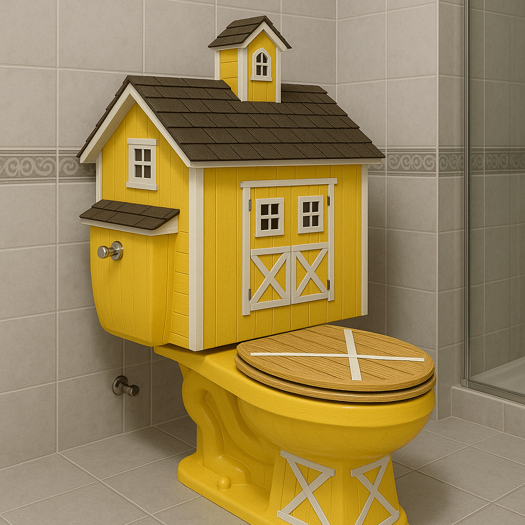 Yellow barn-themed toilet with white crossbar accents and faux shingled roof