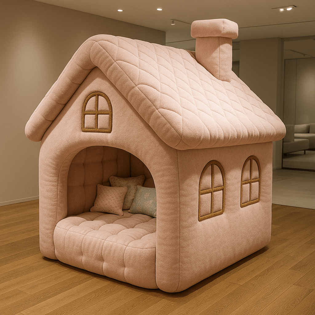 Soft pink house-shaped lounge sofa with arched windows and chimney in a stylish interior space