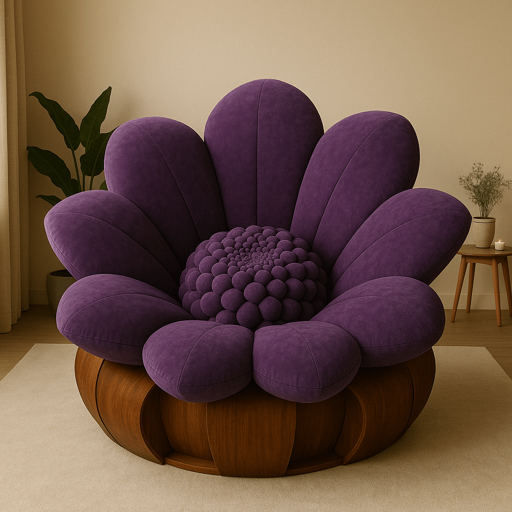  Bold purple oversized flower-shaped armchair with deep cushioned petals and wooden base in a modern room.