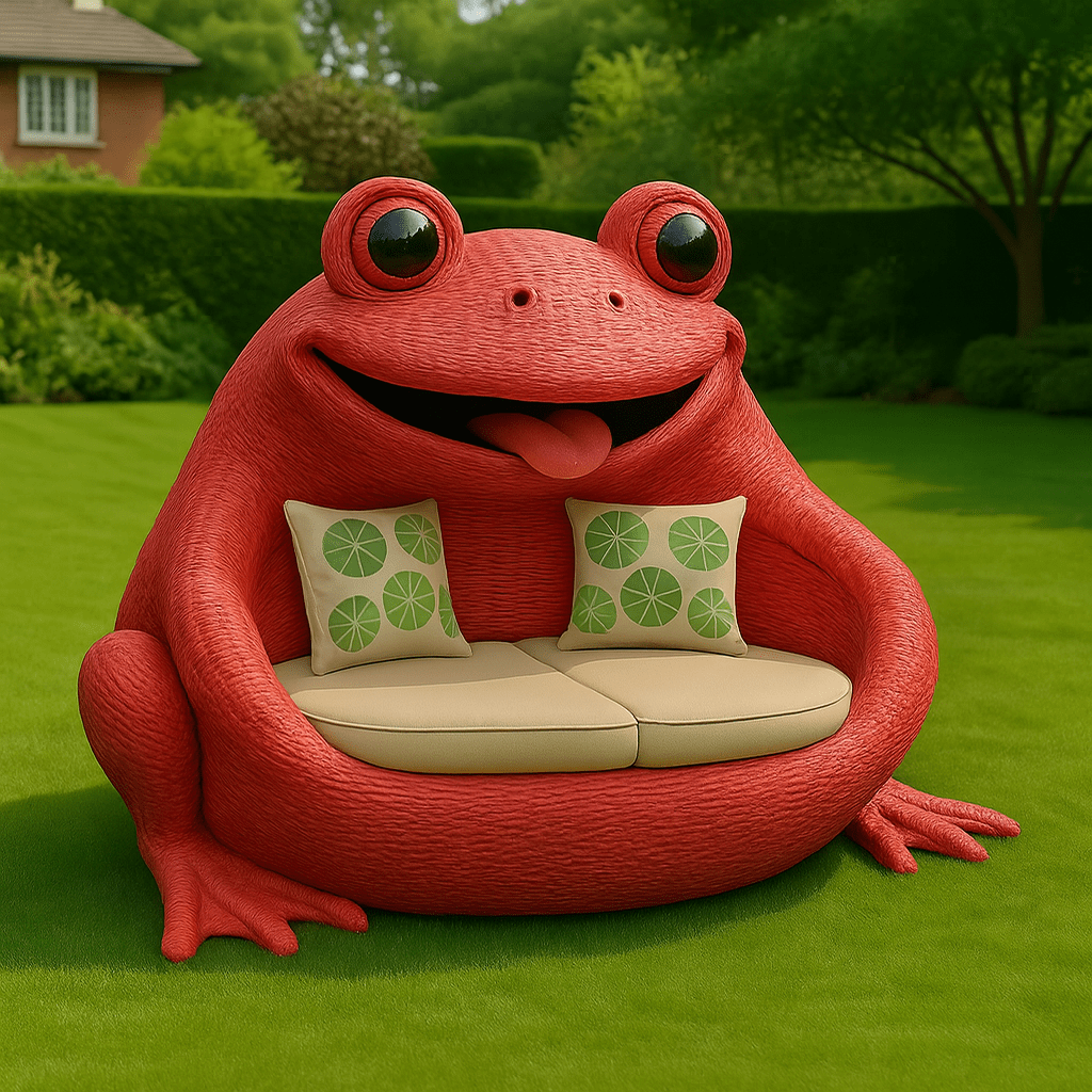 Bold red frog-shaped outdoor sofa with cream seating and green patterned cushions in a vibrant garden.