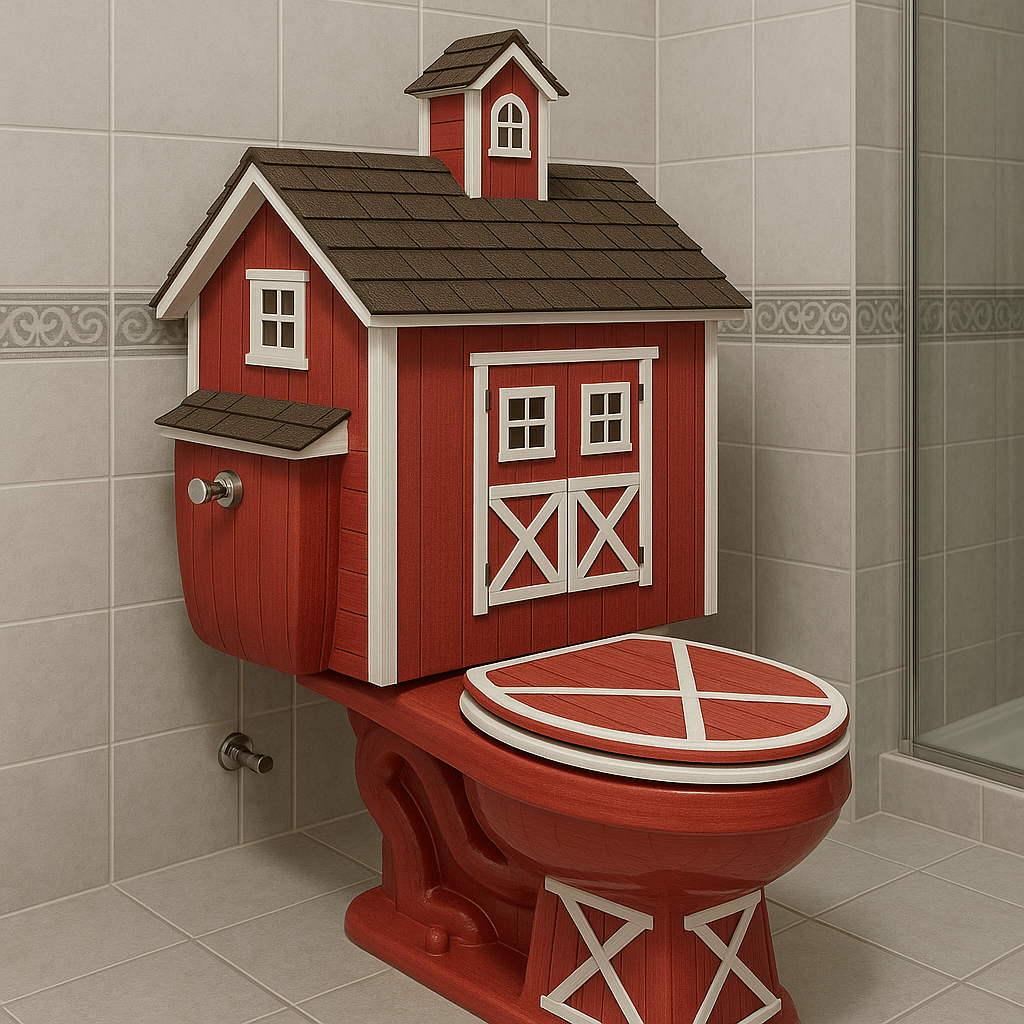 Red novelty toilet designed to resemble a barn with white trim and wooden-style seat
