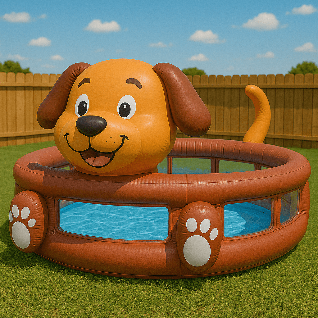  Brown inflatable paddling pool designed like a cartoon dog on sunny grass