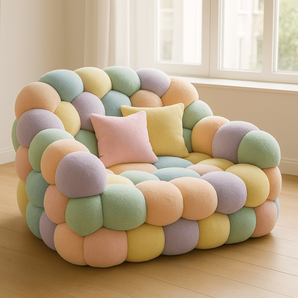 Cosy pastel bubble armchair with soft shades of lavender, mint, peach, and yellow in a bright, modern room.