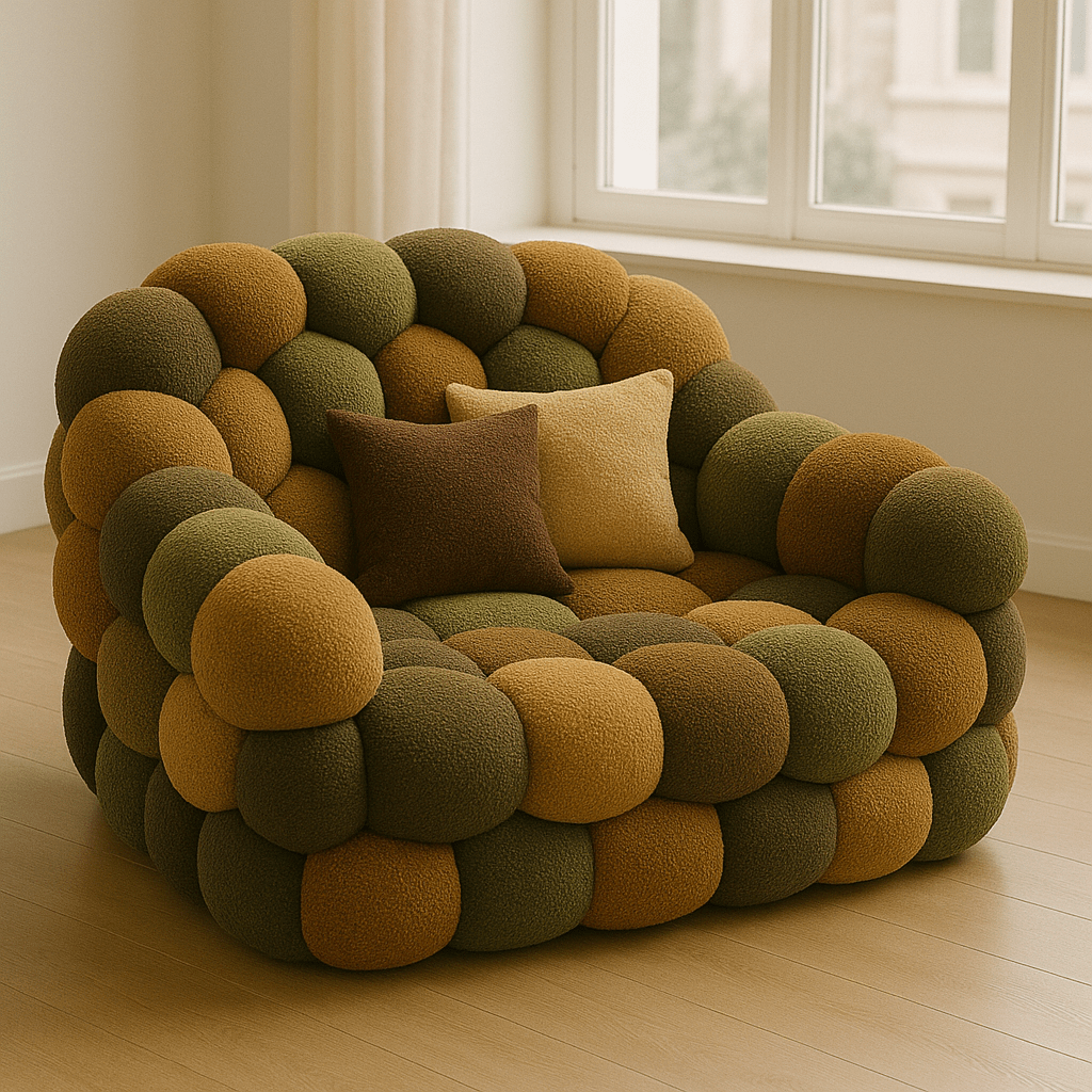 Bubble armchair in earthy tones including olive green, mustard yellow, and rust orange in a wooden-floored room.