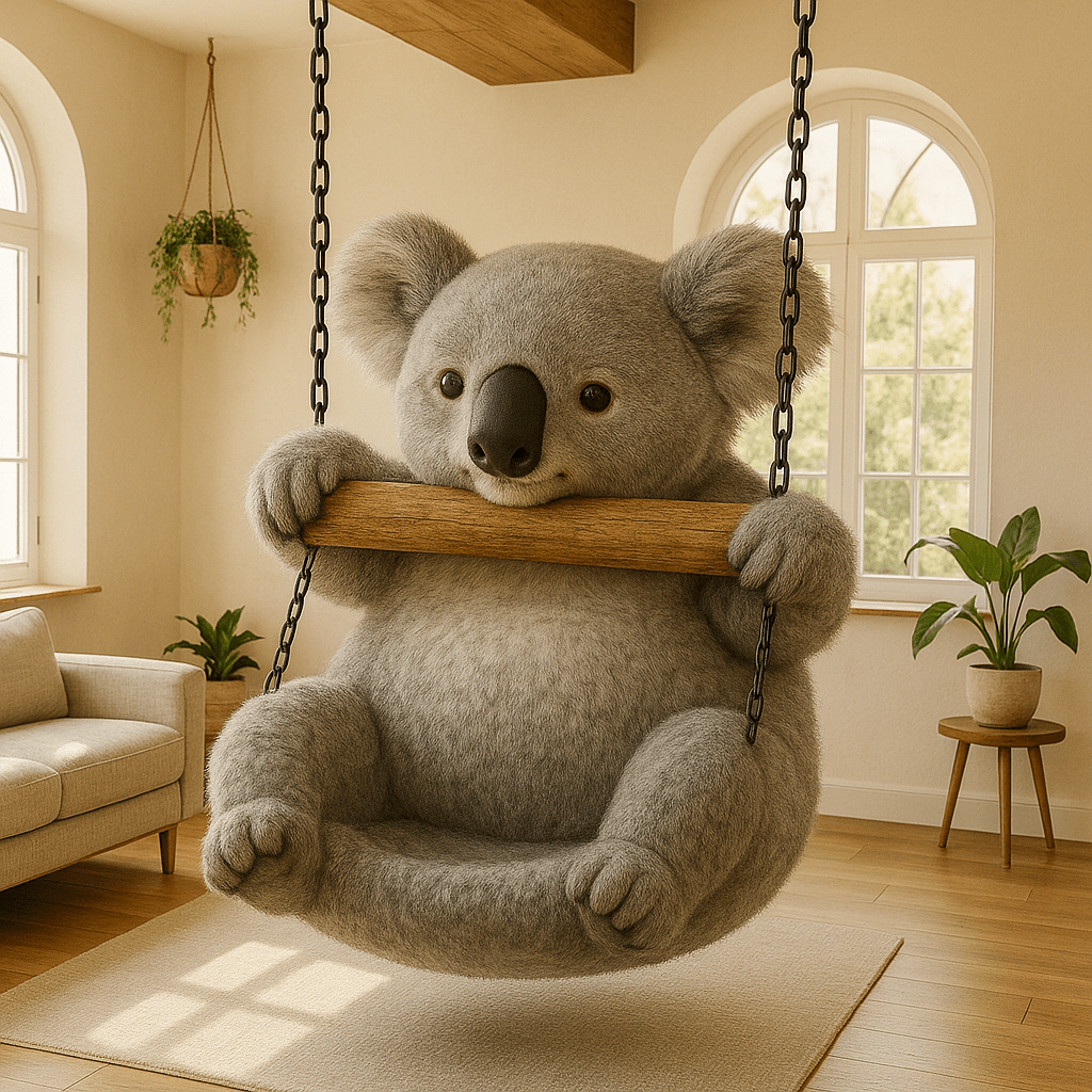 A grey koala plush swing chair hanging indoors, surrounded by soft furnishings and natural light.