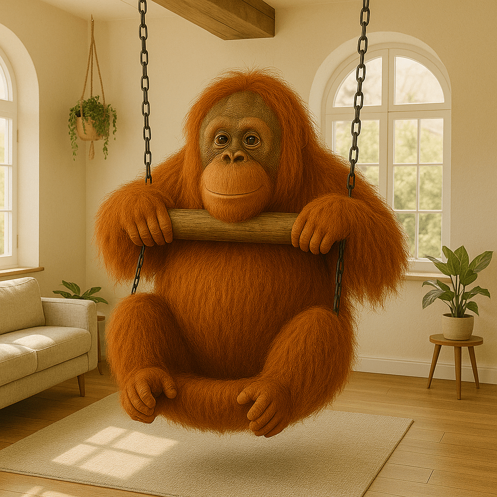A realistic orangutan-shaped swing chair with long orange fur, hanging in a bright room with greenery.