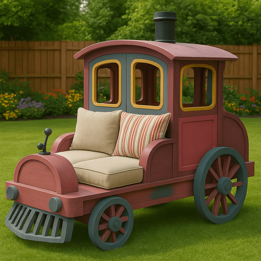 Train-shaped outdoor sofa painted in soft red and grey with comfortable beige cushions and striped pillows.