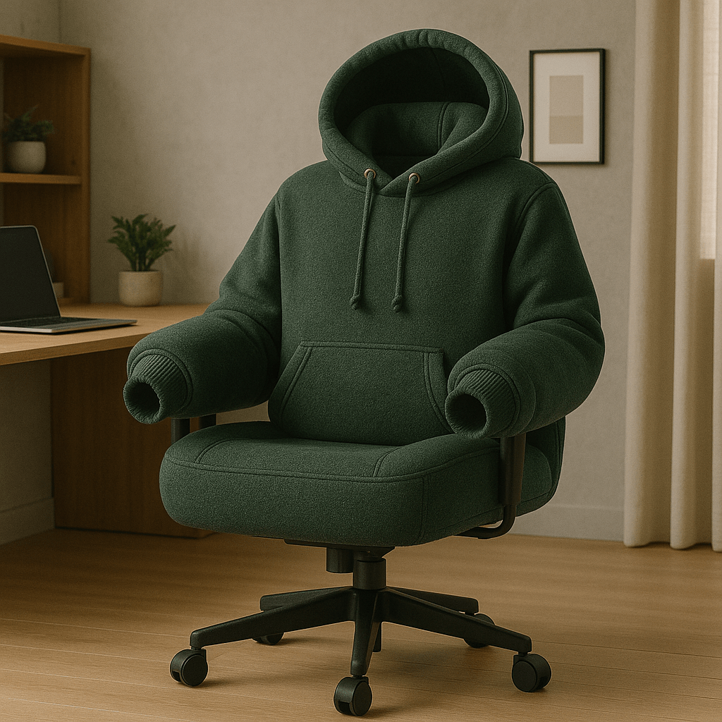 Forest green hoodie-themed desk chair with unique sweatshirt styling and comfortable armrests in a home office.