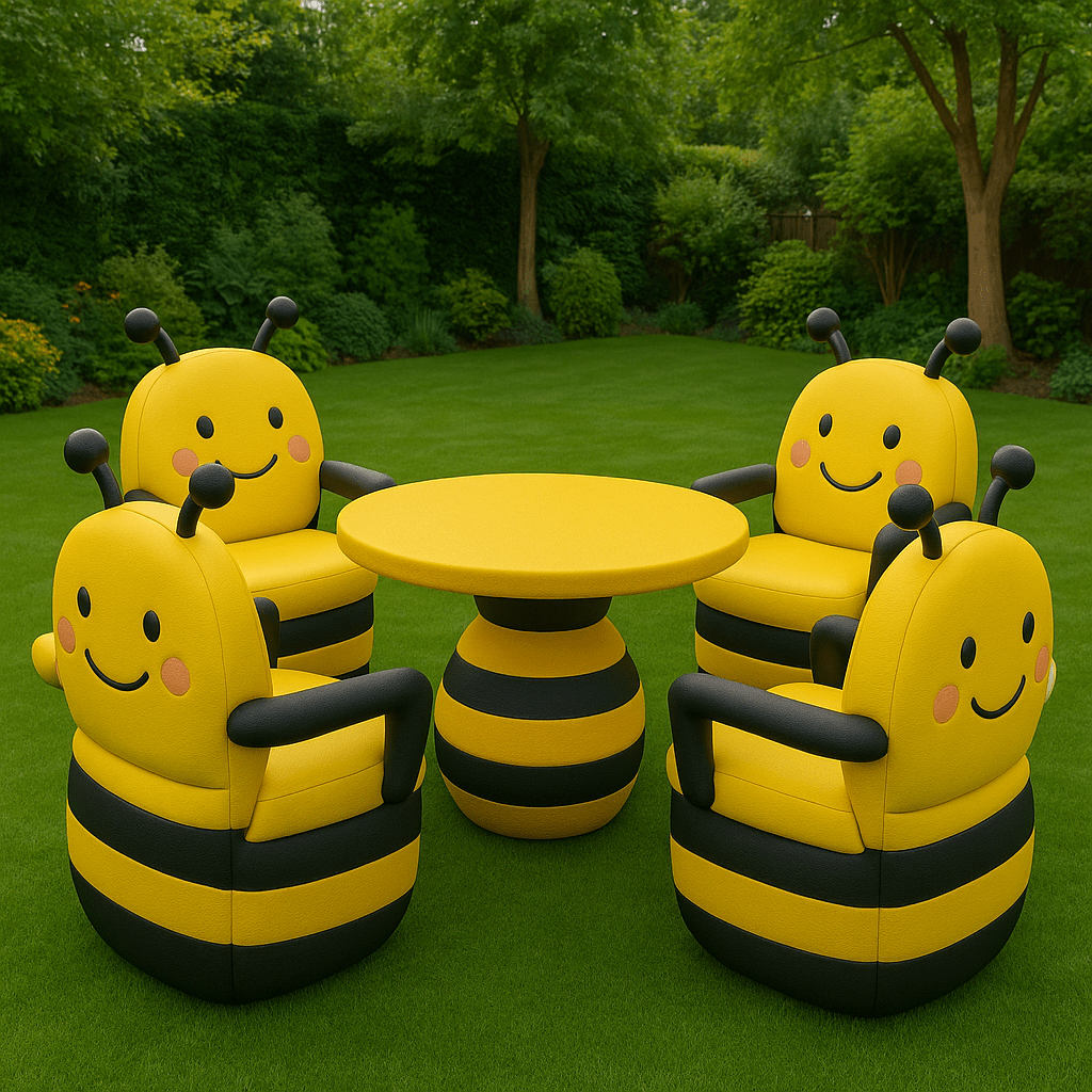 Four bee-shaped yellow and black armchairs with a matching striped table on grass