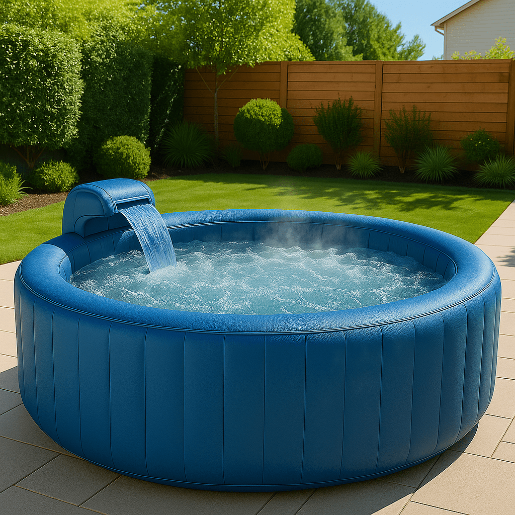 Stylish blue inflatable hot tub with a waterfall surrounded by lush greenery