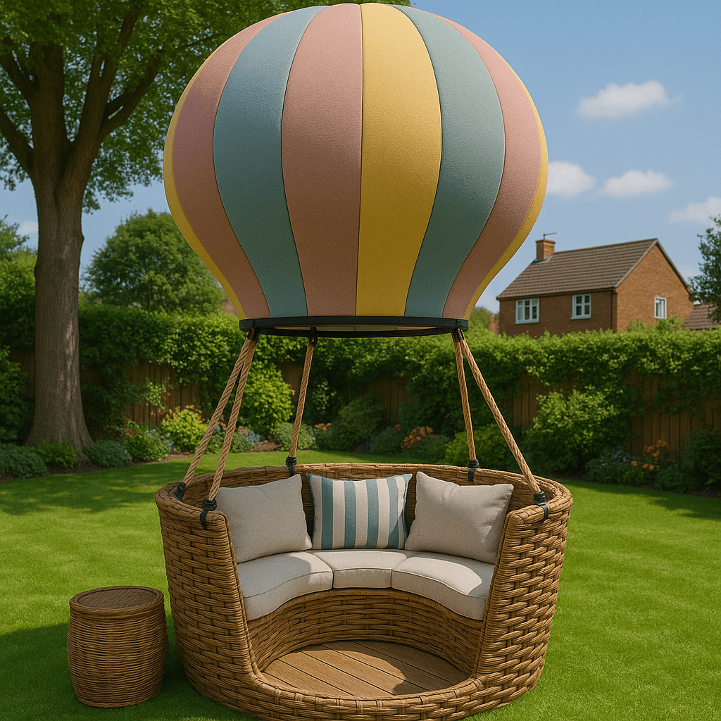 A pastel pink, yellow, and blue balloon garden sofa offering a soft, whimsical seating area on a green lawn.