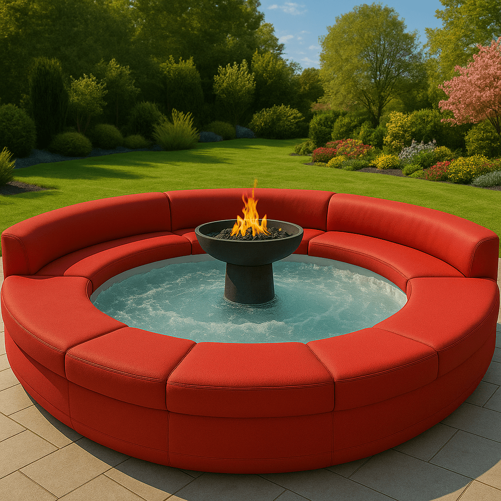 Bold red circular sofa surrounding a bubbling hot tub and flaming fire pit in a modern garden