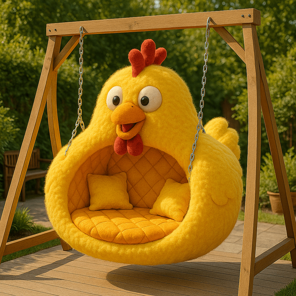 Fluffy yellow chicken-shaped hanging chair with orange quilted interior on wooden deck