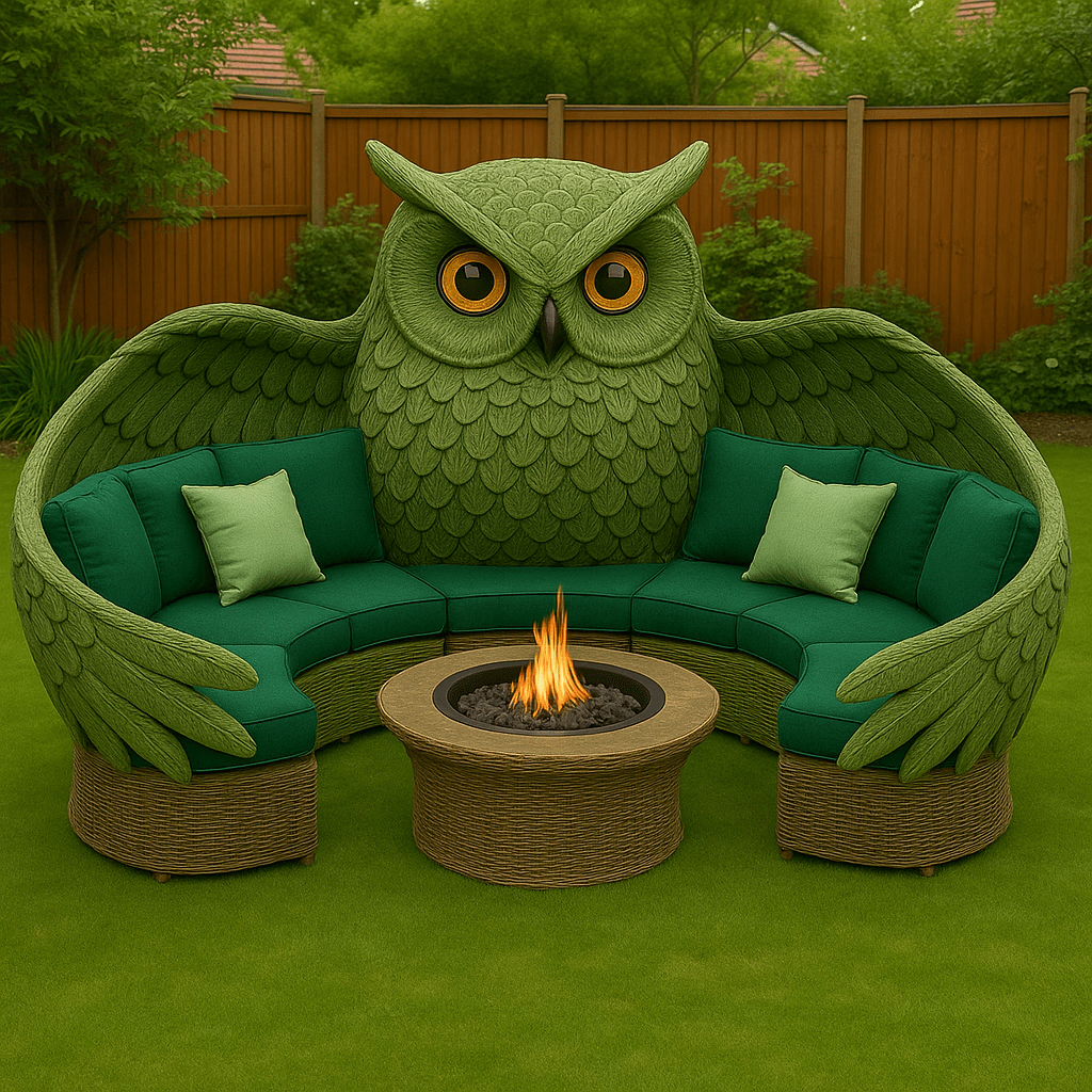 Earthy green owl-themed garden sofa surrounding a lit fire pit in a lush garden space
