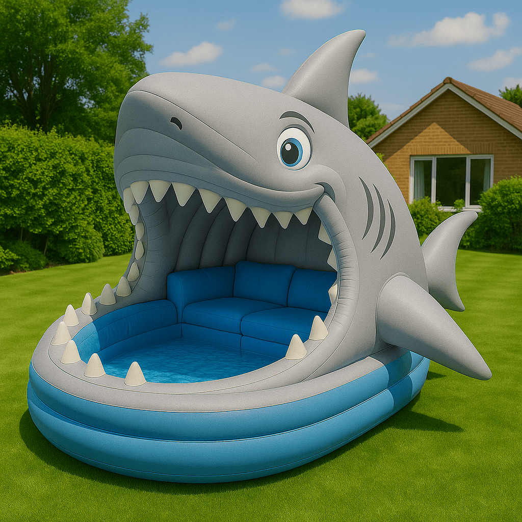 Classic grey shark-shaped inflatable sofa with bold blue seating in a garden.