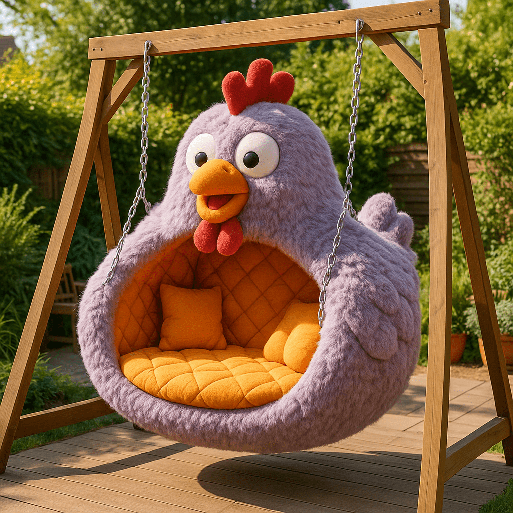 Lavender purple garden swing chair with orange quilted cushions
