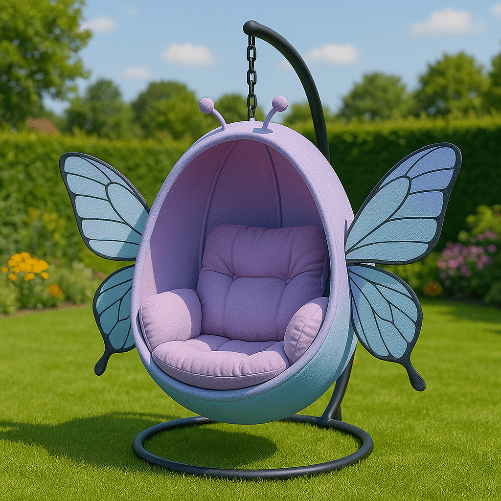 Pastel purple butterfly-themed hanging garden chair with large decorative wings and plush seating in a garden setting.