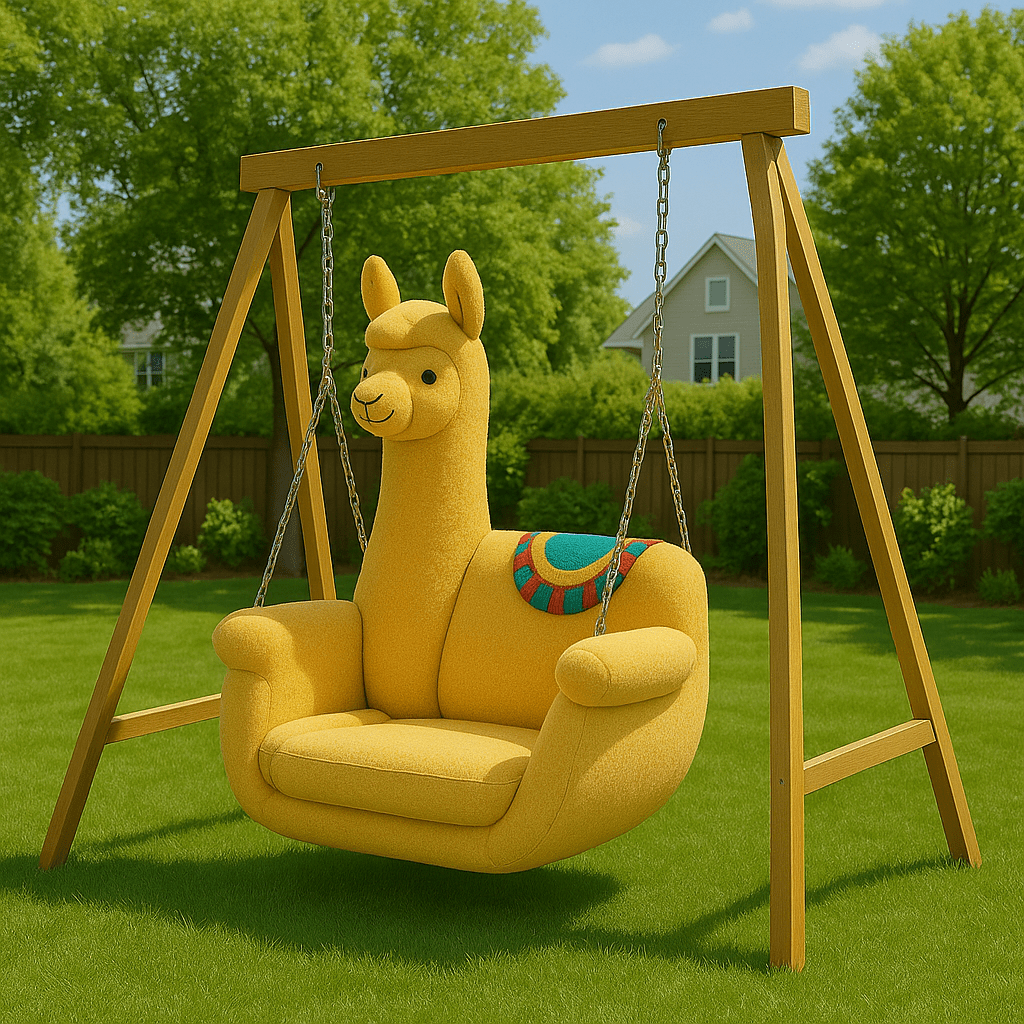 Sunshine yellow llama-shaped plush swing chair hanging from a wooden frame in a garden setting