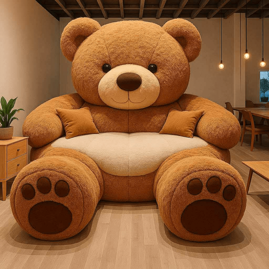 Large brown bear-shaped novelty sofa with orange cushions and a soft cream belly.