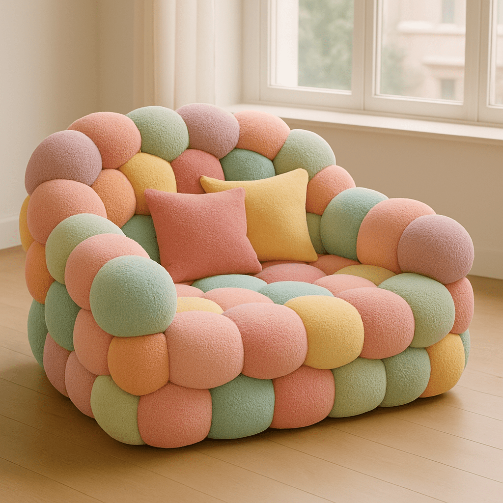 Playful pastel bubble armchair featuring soft pink, mint green, peach, and lemon yellow modules with matching cushions.