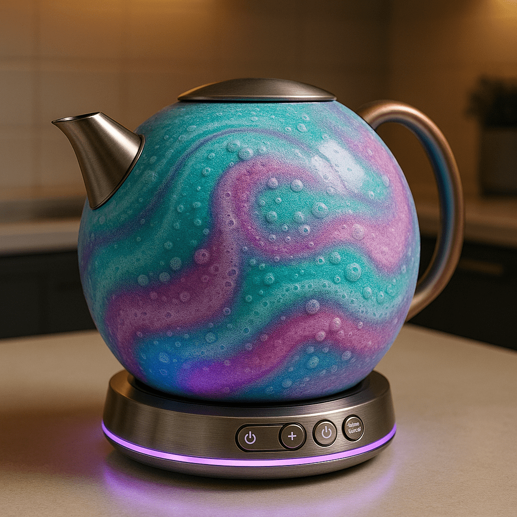 Electric kettle in swirling teal and violet colours with a bubble finish and glowing purple base.