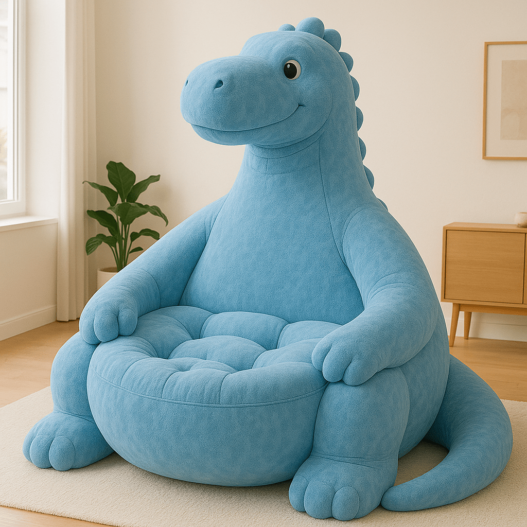 Plush blue dinosaur-shaped seating chair with a happy face in a sunlit, stylish room