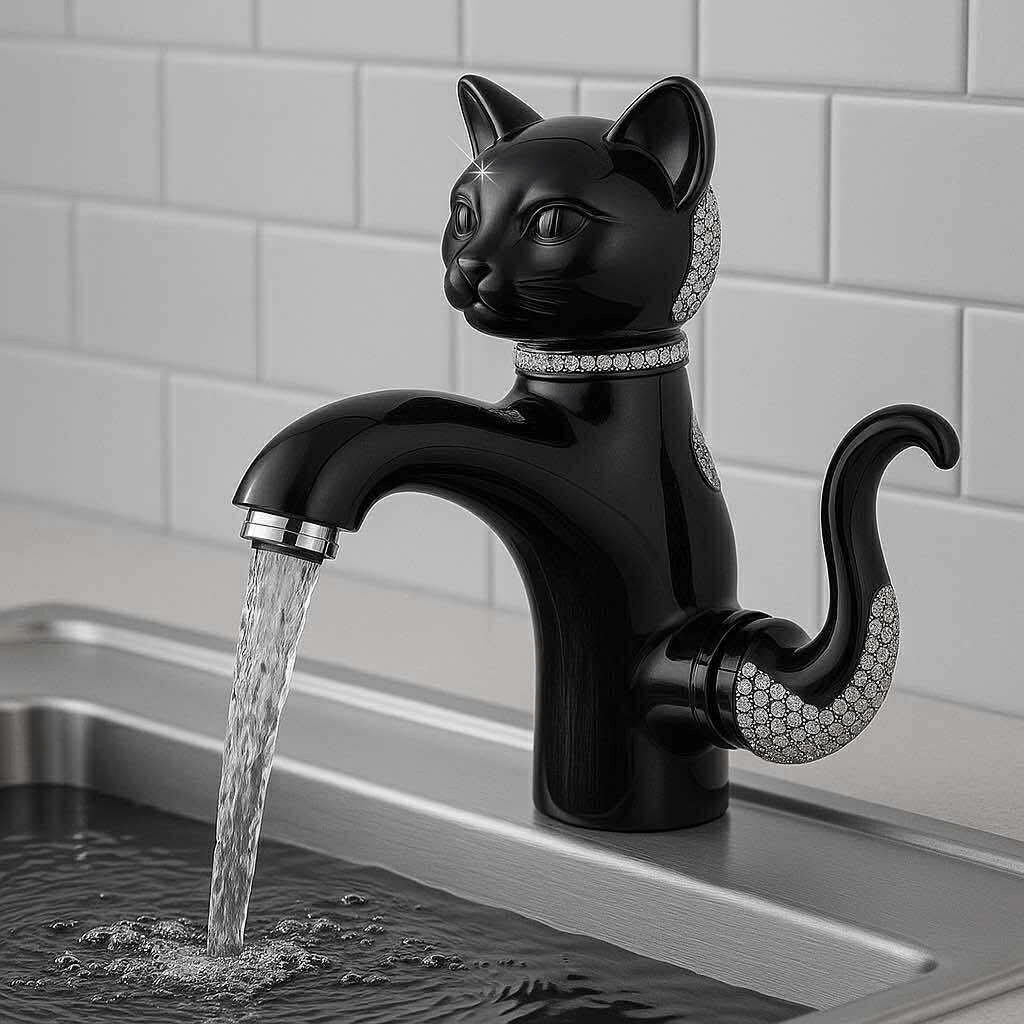Black cat-shaped kitchen tap with shiny crystal details, water running into a sink.