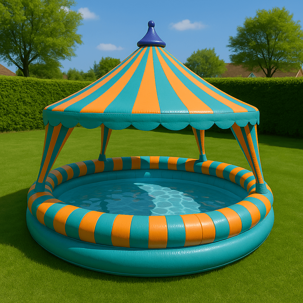 Inflatable paddling pool with teal and orange stripes and dome-shaped canopy