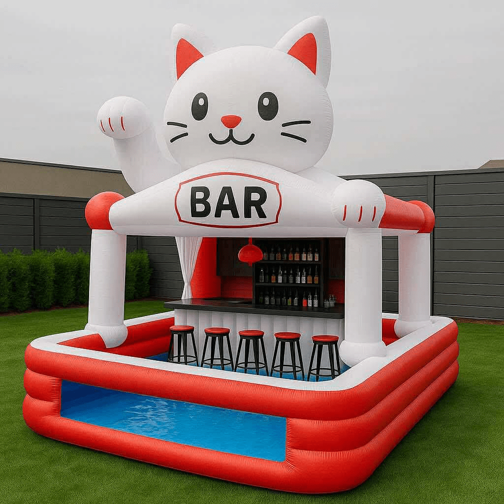 Red inflatable cat-shaped outdoor bar with stools and paddling pool