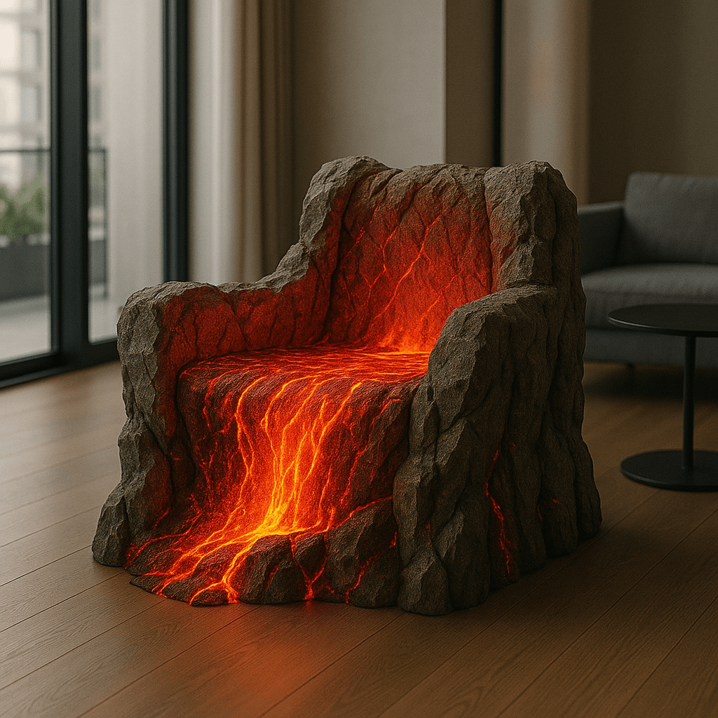 Dark stone chair with glowing red magma effect built into the seat and backrest