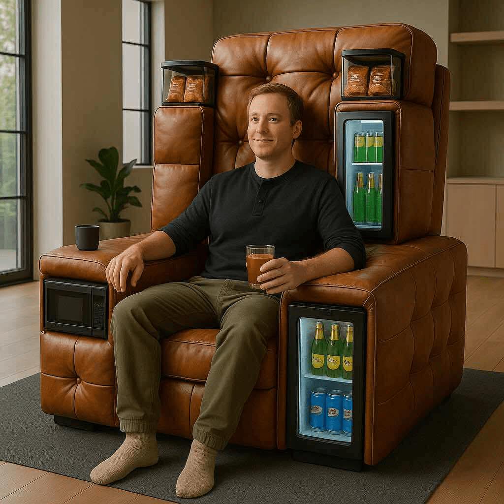 Man sitting on a tan leather luxury sofa chair with built-in coolers and drink storage, holding a glass